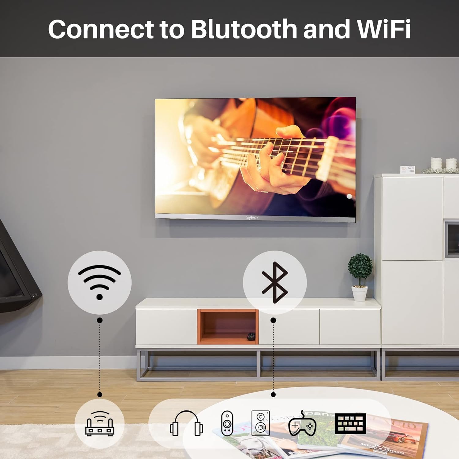 SYLVOX 24" Smart Google 12V TV do Kamperów | 1080P, Wbudowany Odtwarzacz DVD, Adapter 12V, Szeroki Zakres Napięcia 100-240V, Potrójny Tuner DVB-S2/T2, WiFi, HDMI/USB, Dla Autokarów/Ciężarowych