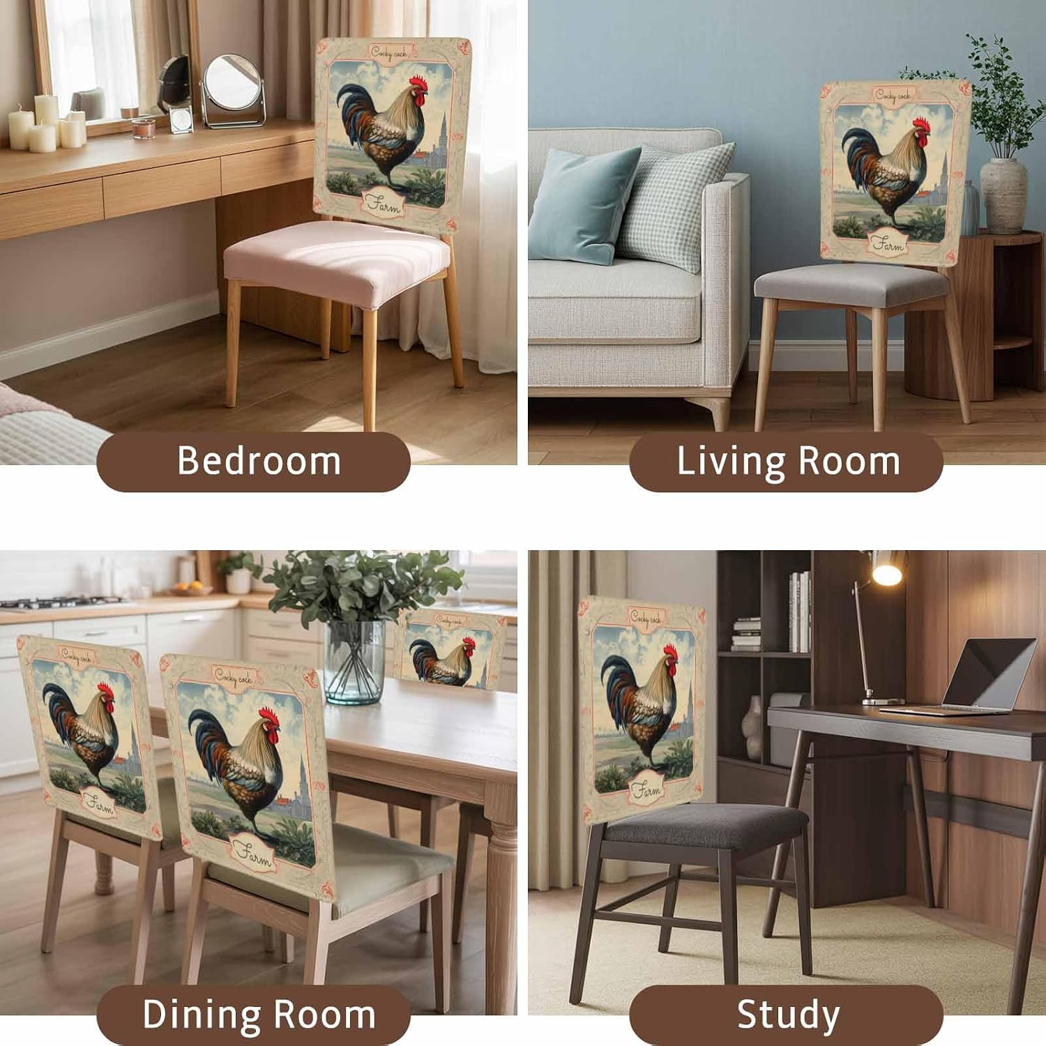 Farm Rooster Chair Back Covers Retro Animal Theme Set of 4 Dining Room Stretch Slipcovers, Removable Seat Protector for Kitchen Home Hotel Decor