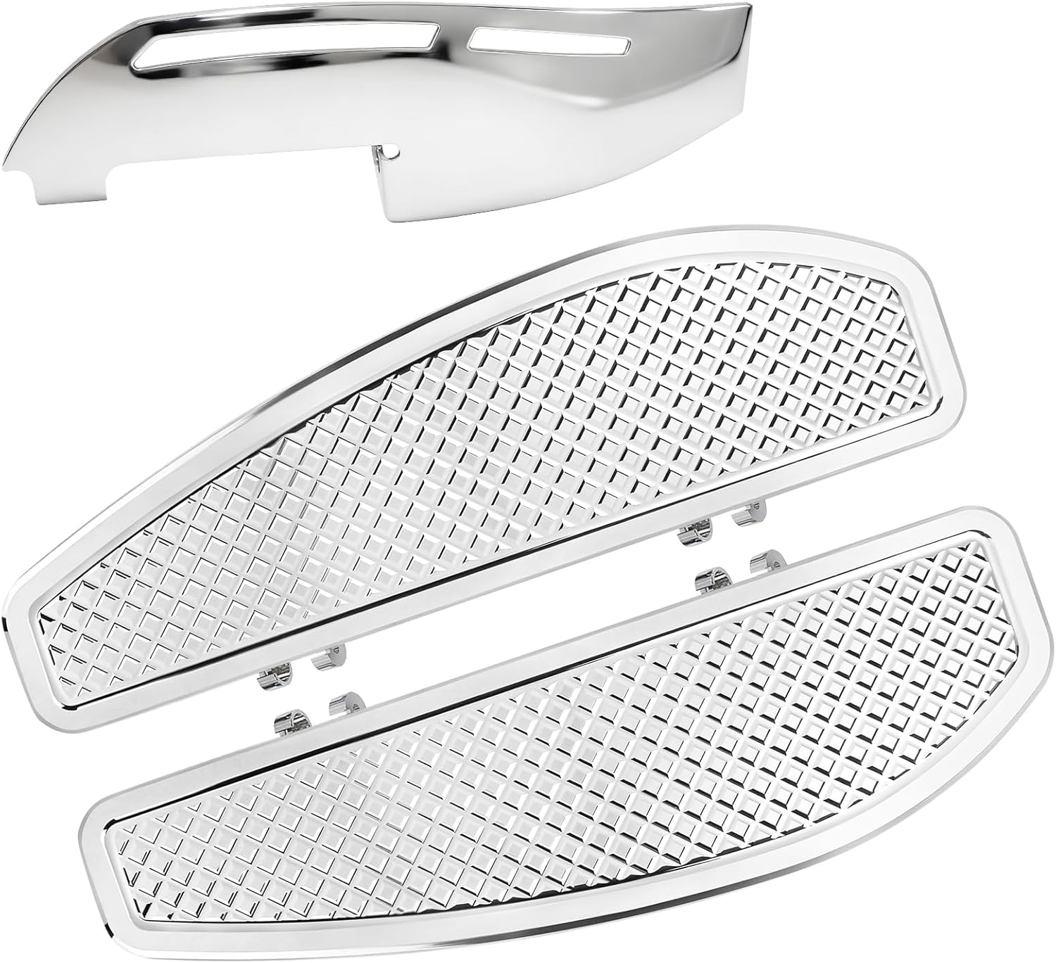 Chrome Stretched Driver Rider Floorboards + Chrome Driver Floorboard Heel Guard for Harley Touring/Road King/Road Glide/Street Glide/Electra Glide 1986-2023