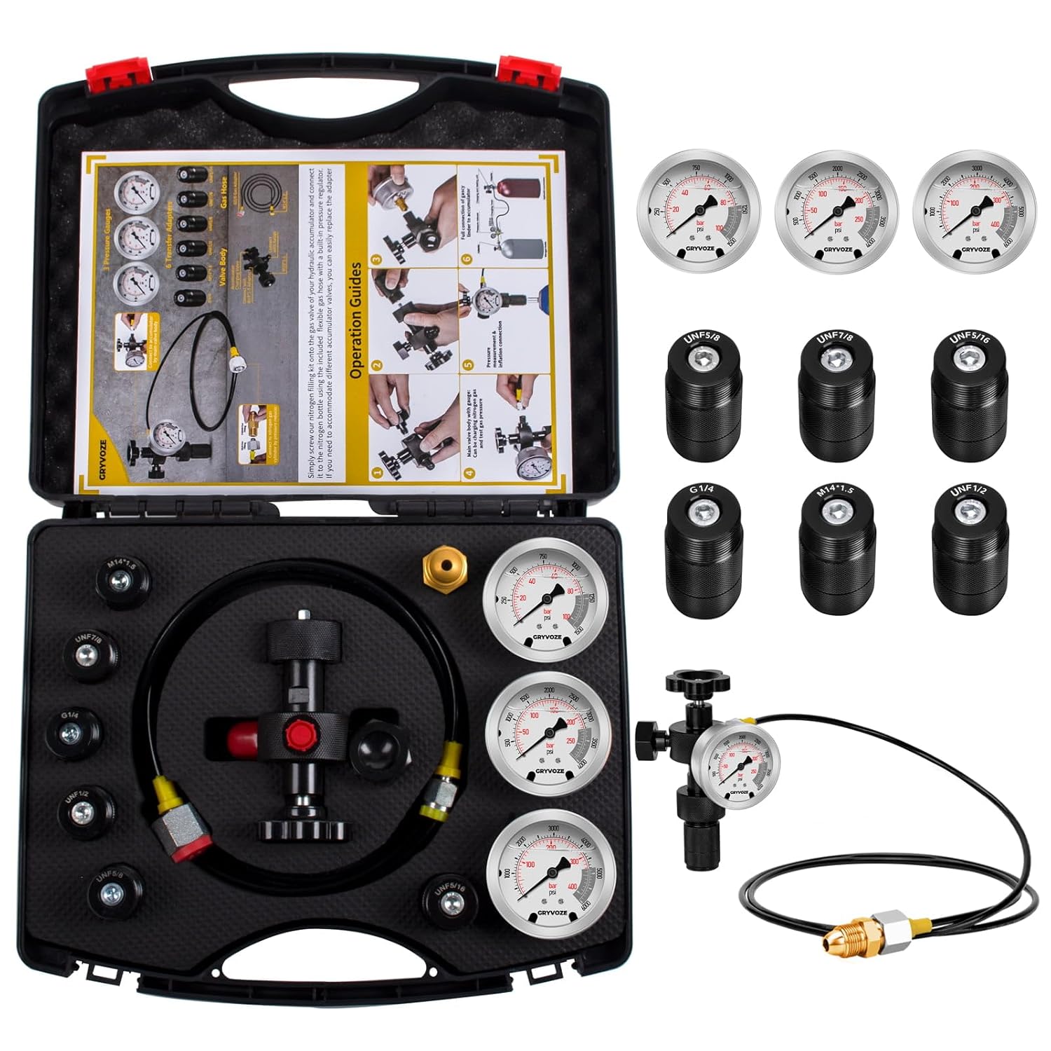 Hydraulic Nitrogen Accumulator Charging Kit with 3 Pressure Test Gauges & 7 Adapters (M28*1.5, UNF 5/8, UNF 1/2 etc), Metric Accumulator Nitrogen Charge Kit Filling System Fill Gas Tool