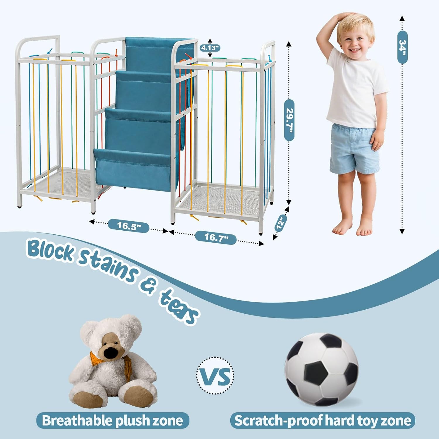 Kids Bookshelf and Toy Storage – Montessori 3-Tier with Divided Left/Right Toy Bins for Nursery, Playroom (White & Blue)​