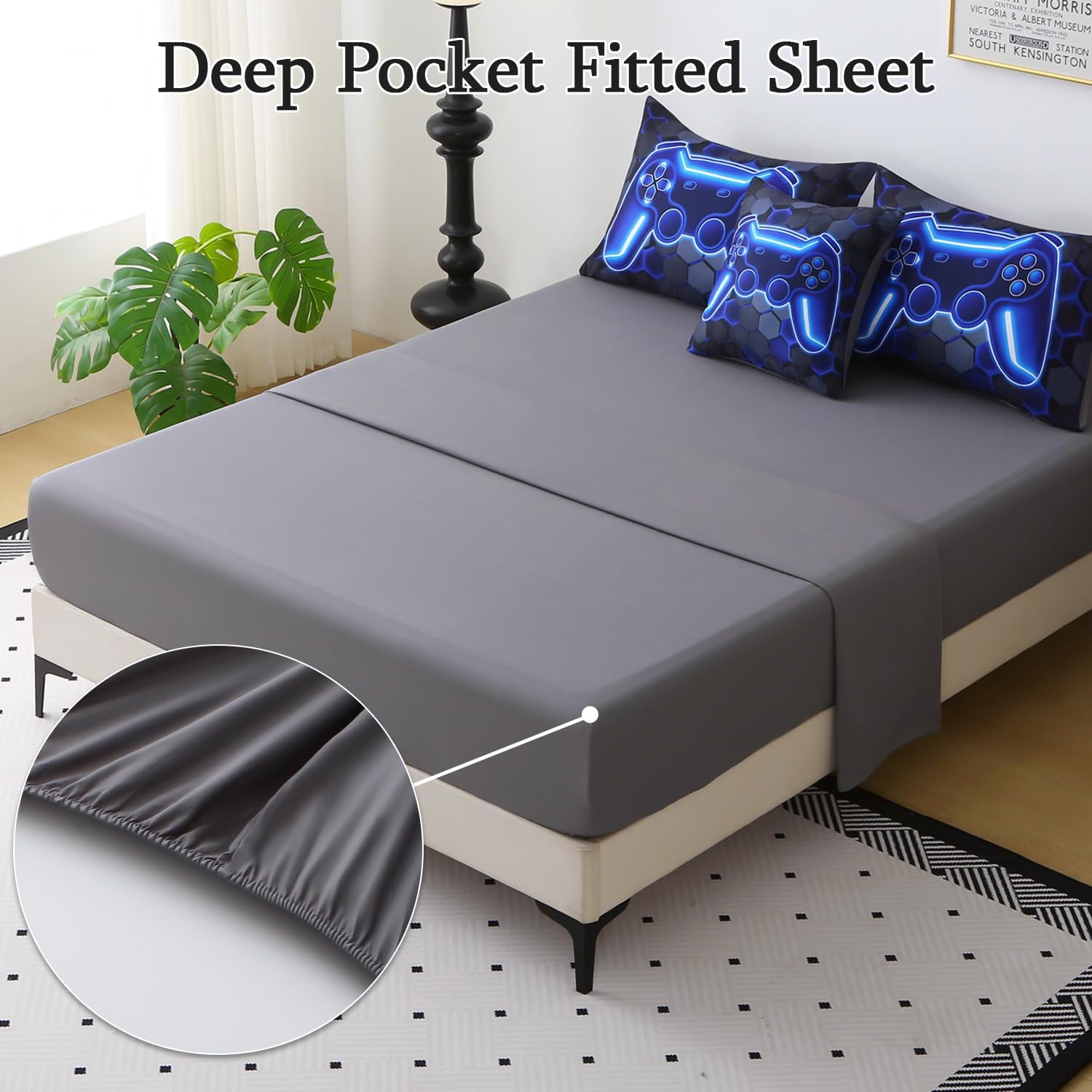 JQinHome Twin Size Gaming Bedding Set 6-Piece Comforter for Boys Teens - 3D Video Game Print Bed in a Bag with Sheets, Blue Cool Black Design (Twin)