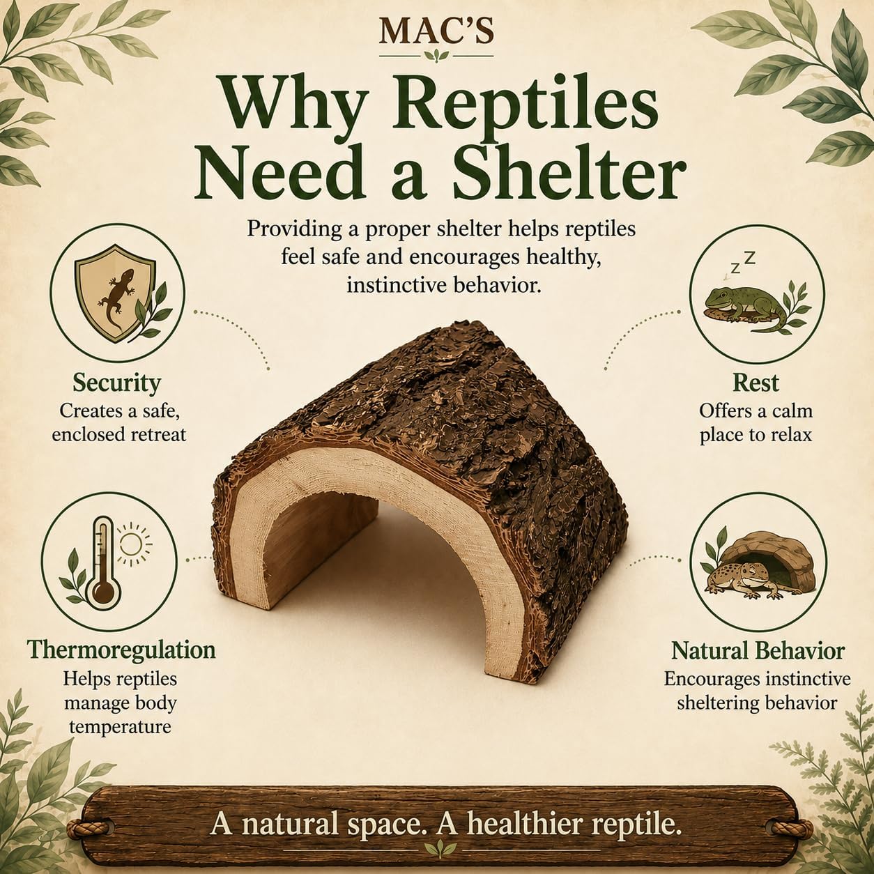 MAC’S Large Reptile Corner Half Log Shelter – Natural Wood Terrarium Cave for Lizards, Snakes, Frogs, Tortoises, Amphibians & Small Animals – Made in USA