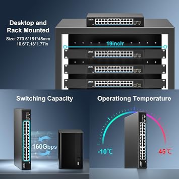 26 Port 2.5Gb Unmanaged Ethernet Switch with 24* 2.5G Base-T Ports, 2* 10G SFP+ Ports. GiGaPlus 2.5Gbps Network Switch for 2.5Gbps NAS/PC, WiFi6 Router, Wireless AP. Fanless Design, Plug and Play