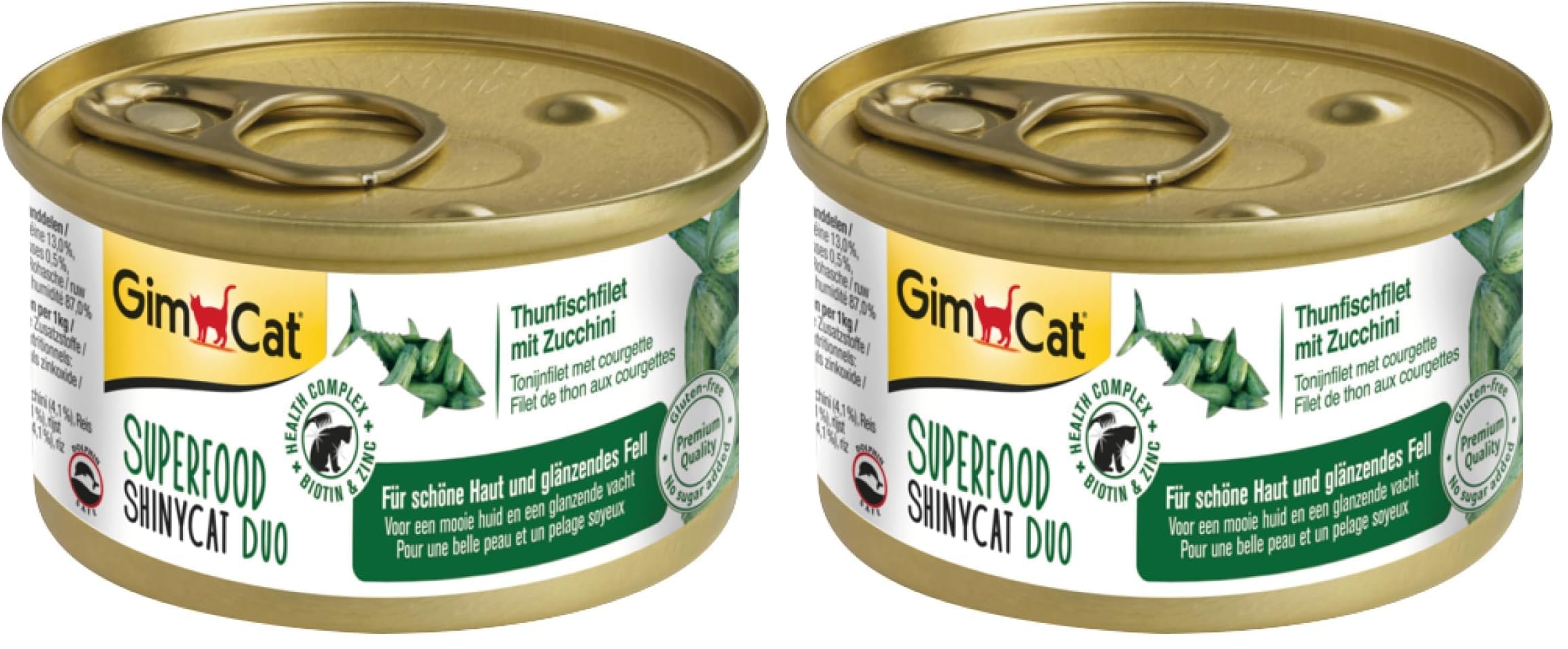GimCat Superfood ShinyCat Duo Thunfisch mit Zucchini - Katzenfutter mit saftigem Filet ohne Zuckerzusatz für ausgewachsene Katzen - 24 Dosen (24 x 70 g) (Packung mit 2)