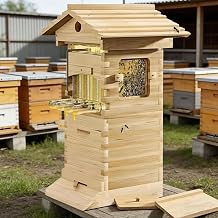 Hive Starter Kit Automatic Beehive Box Set, Complete Bee Hive Boxes with Observation Window and Honey Spout,Complete Beekeeping Wooden Bee Box with 4 Frames & 6 Honeycomb Trays