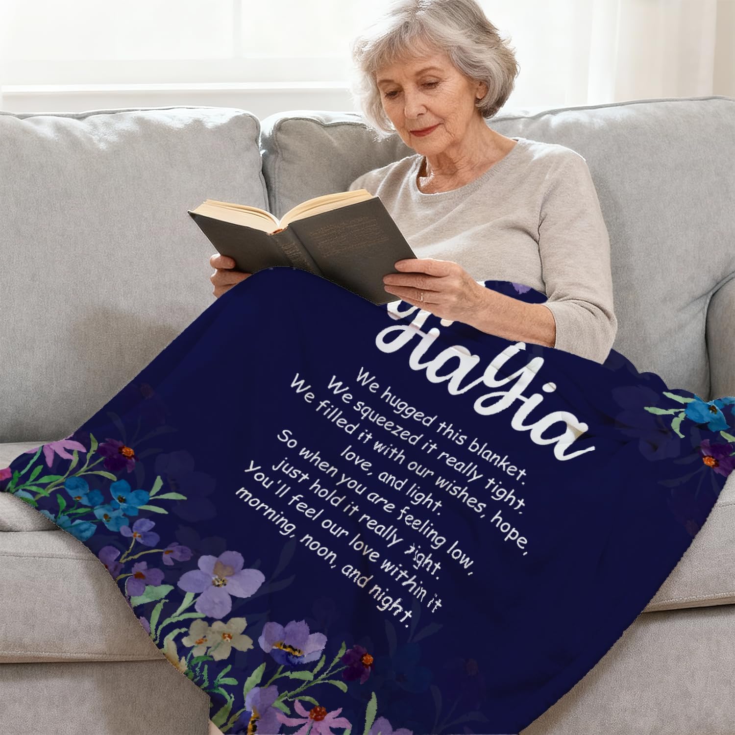 Purple Blue Yiayia Grandma Blanket, Grandma Gifts from Grandkids, Grandmother Gifts for Birthday Christmas, Yiayia Wildflower Throw Blankets for Bedroom Living Room Home, 50x60 Inches - Image 3