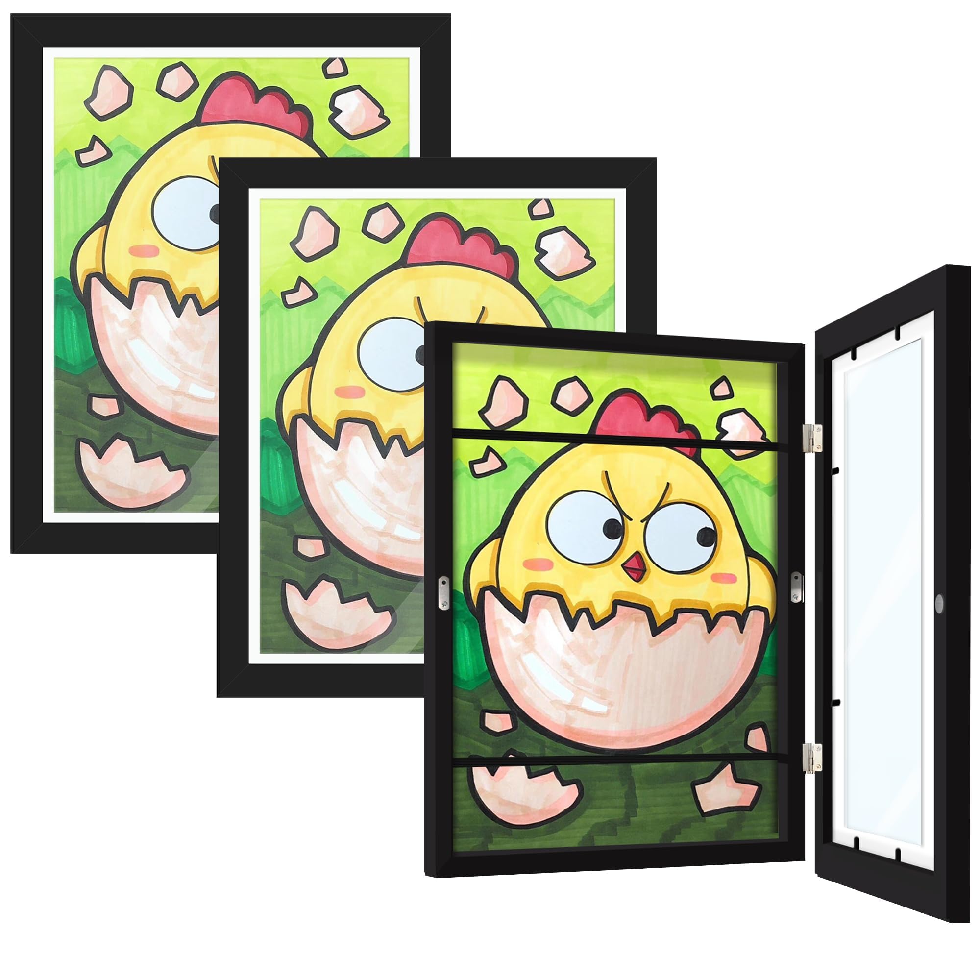 3 Pack Kids Art Frame?Changeable Front Opening ?Displays 8.5x11 With Mat and 10x12.5 Without Mat? Holds 100 pieces, suitable for children's rooms, homes and offices?Black