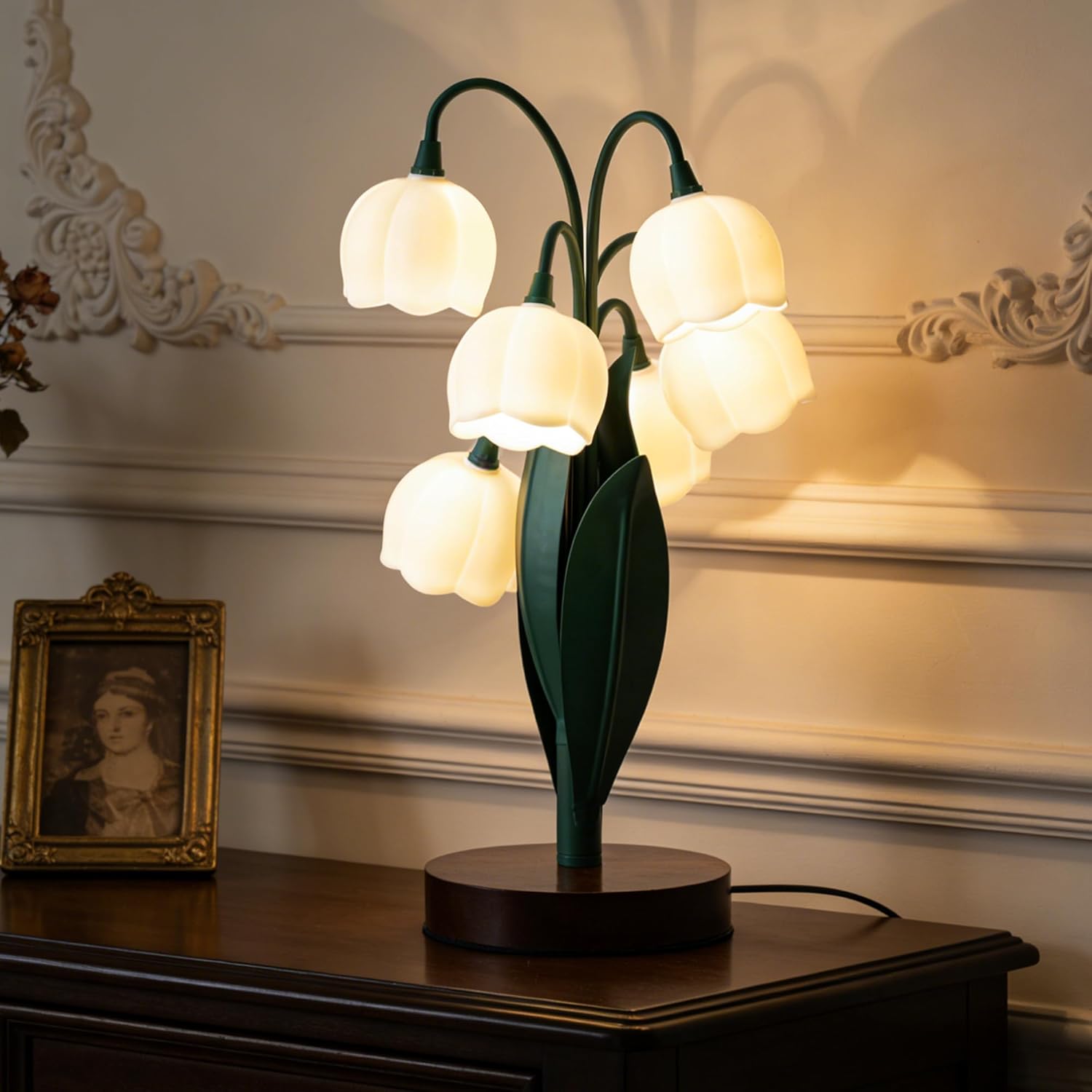 Green Flower Lamp for Home,Bedside Vintage Table Lamps,5 Lily of The Valley Reading Lights,3 Colors Modes Kawaii Bedside Lamp Decor,with G4 Bulb Nightstand Light for Living Room Office Bedroom