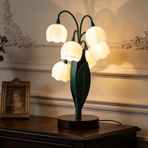 Flower Lamp for Home,6 Lily of The Valley Vintage Table Lamps (Dark Green) | 3 Colors Modes Kawaii Bedside Lamp Decor,with G4 Bulb Nightstand Light for Living Room Office Bedroom - Dark Green