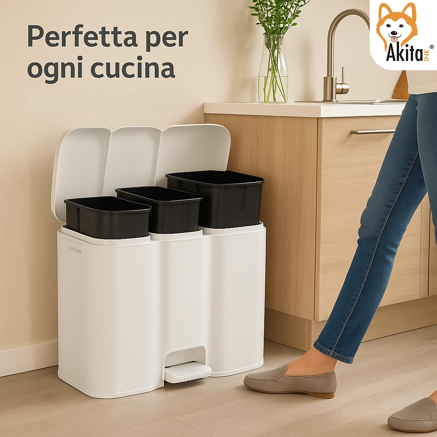 AKITAInk Pattumiera Differenziata Patty3 Bianca - 3 Scomparti (13L + 8L + 13L) con Pedale, Cestini Rimovibili e Etichette Riciclo, Design Moderno per Cucina e Ufficio