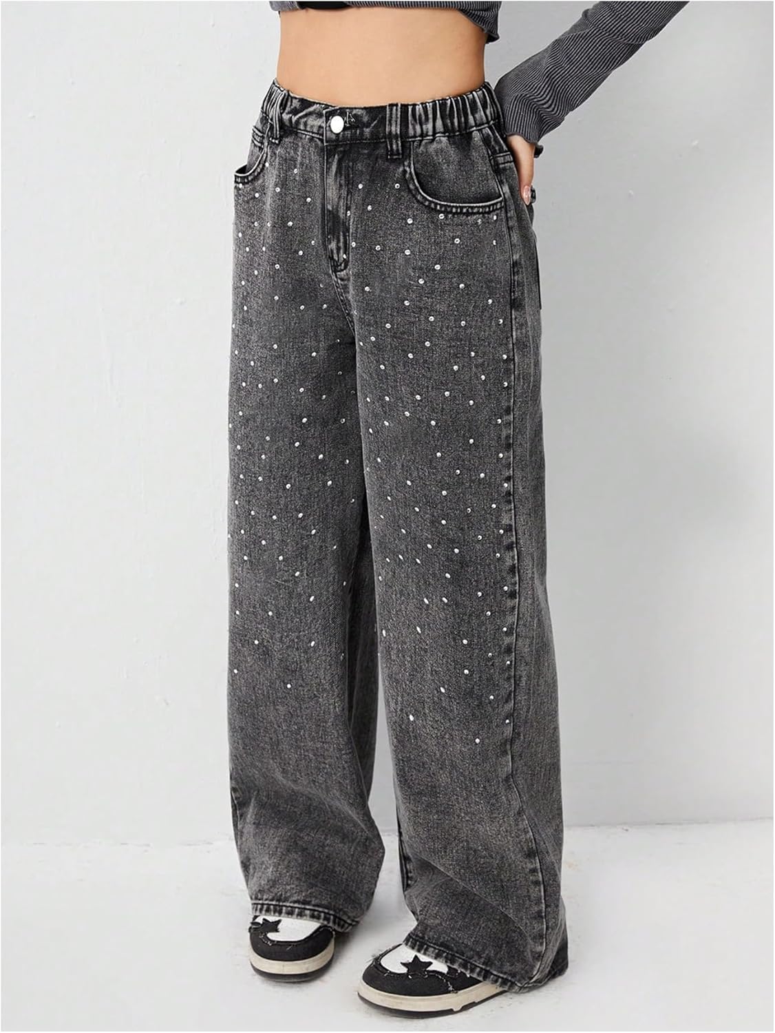 MakeMeChic Girl's Rhinestone Baggy Jeans Sparkly Elastic High Waist Wide Leg Denim Pants