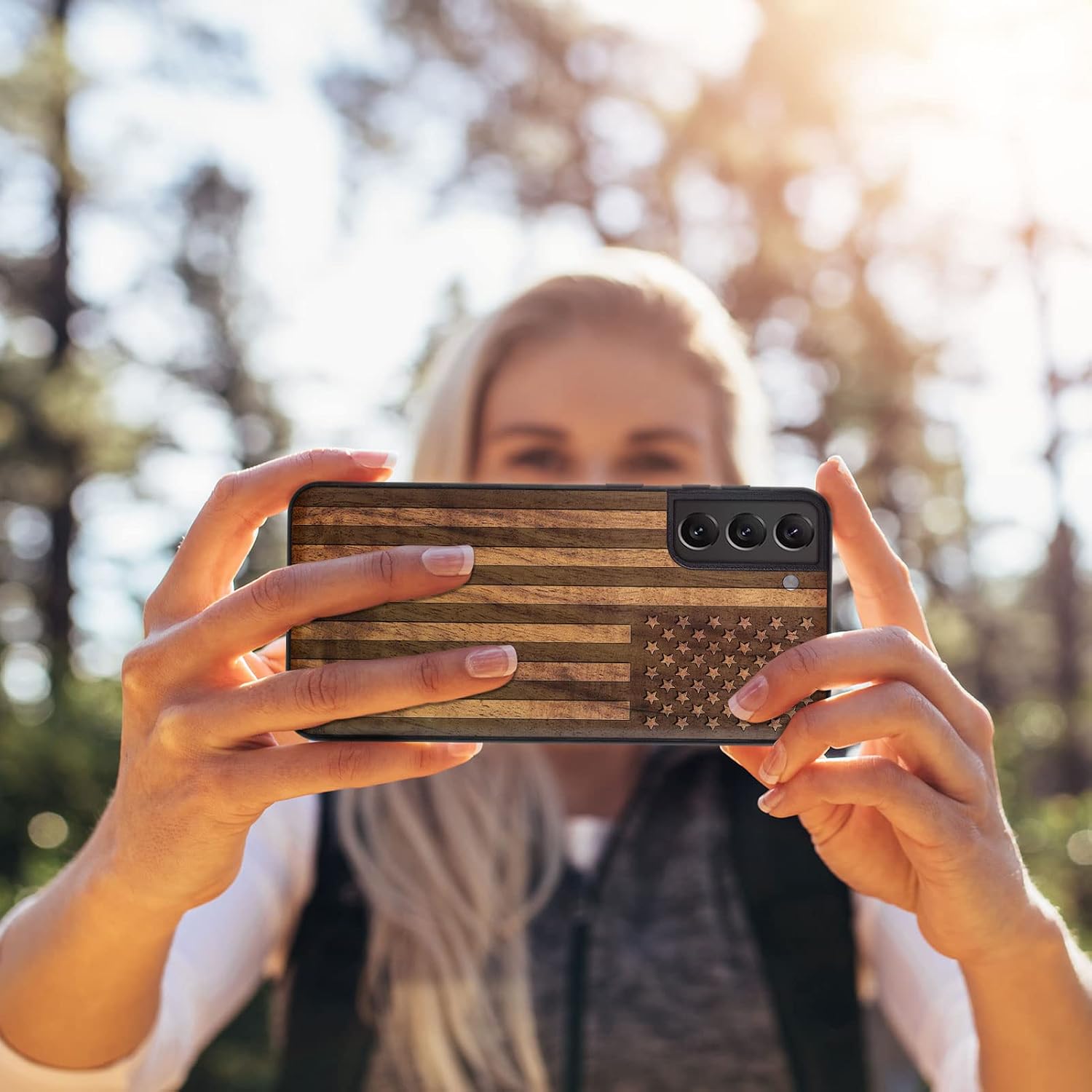 Carveit Wood Case for Galaxy S22 Case [Natural Wood & Black Soft TPU] Shockproof Protective Cover Unique & Classy Wooden Design Compatible with Samsung S22 (American Flag-Walnut)