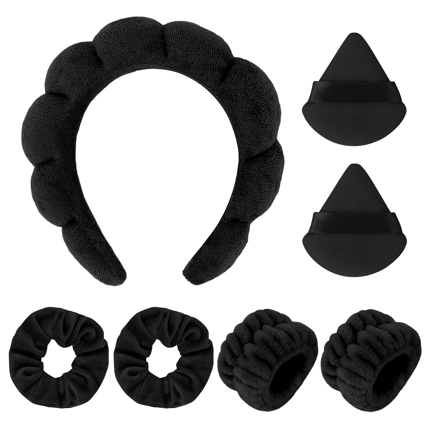 7Pc Headband and Wristband Set for Skincare, Face Washing, Makeup Removal – Includes Terry Cloth Headbands, Facial Sponges, and Powder Puffs in Black