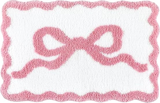 Pink Bath Mat with Bow Pattern, 40 x 60 cm Coquette Funky Bathroom Rug Floor Mat Super Soft and Water Absorbent for Shower, Bedroom, Kitchen, Doorway