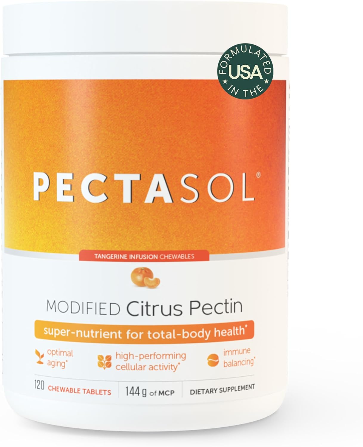 EcoNugenics PectaSol Modified Citrus Pectin – 120 Tangerine Chewable Tablets – Total-Body Health Supplement to Support Heart, Immune System, Inflammation Response + Maintain Healthy Galectin-3 Levels