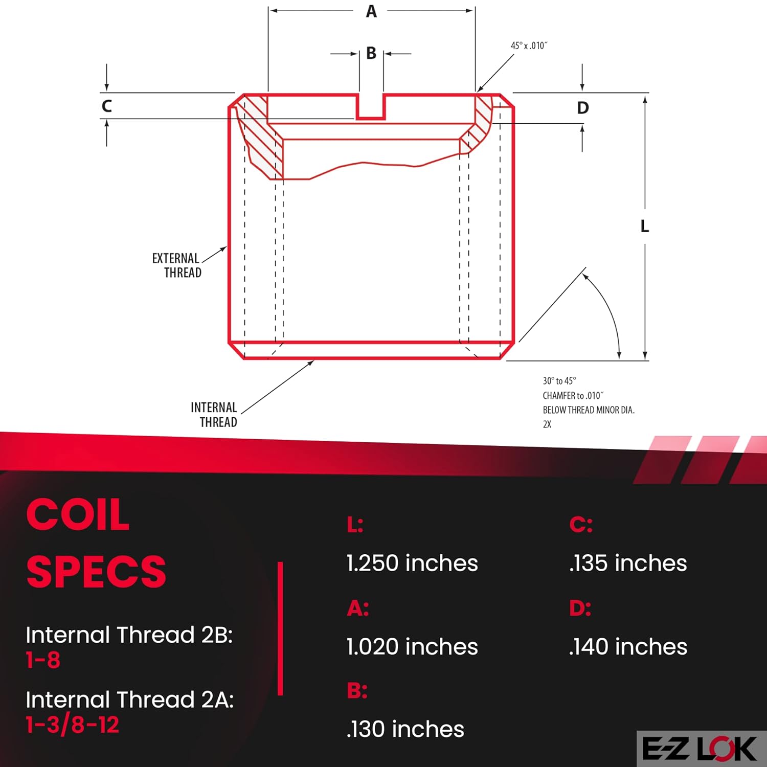 E-Z Lok Externally Threaded Insert, C12L14 Carbon Steel, Meets AISI 12L14, 1"-8 Internal Threads, 1-3/8"-12 External Threads, 1.250" Length, Made in US