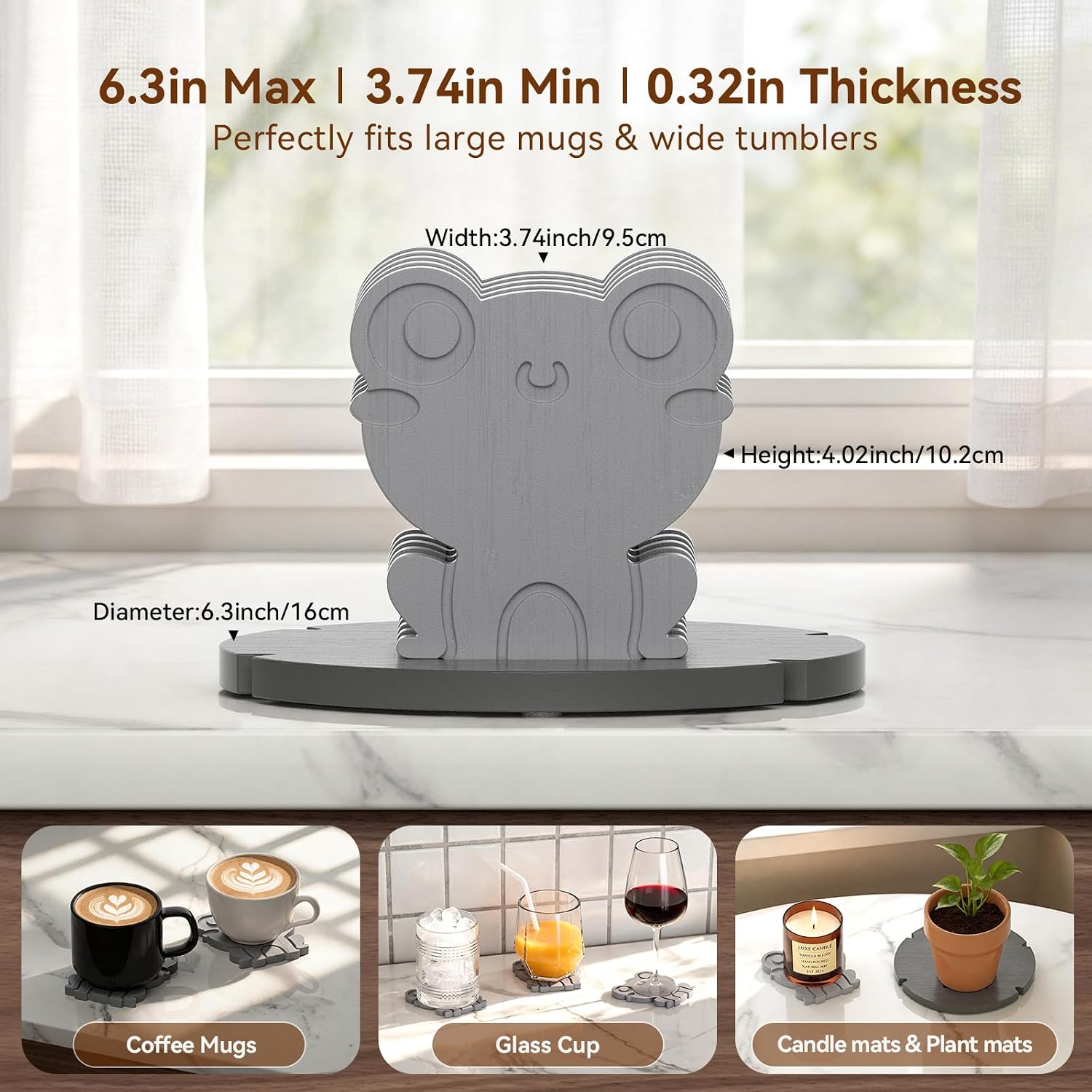 6-Piece Bamboo Frog Coaster Set with Lotus Leaf Holder-Dual Tone image 2