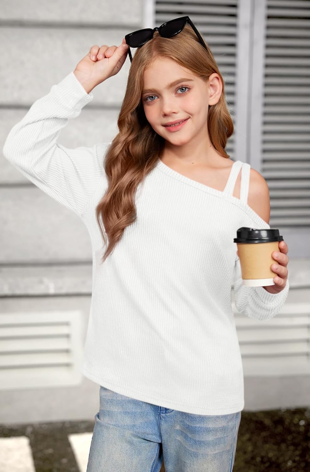 BesserBay Girl's Fall Off Shoulder Ribbed Knit Sweater Tops Cute Long Sleeve Asymmetrical Neck Casual Sweatshirts - Image 5