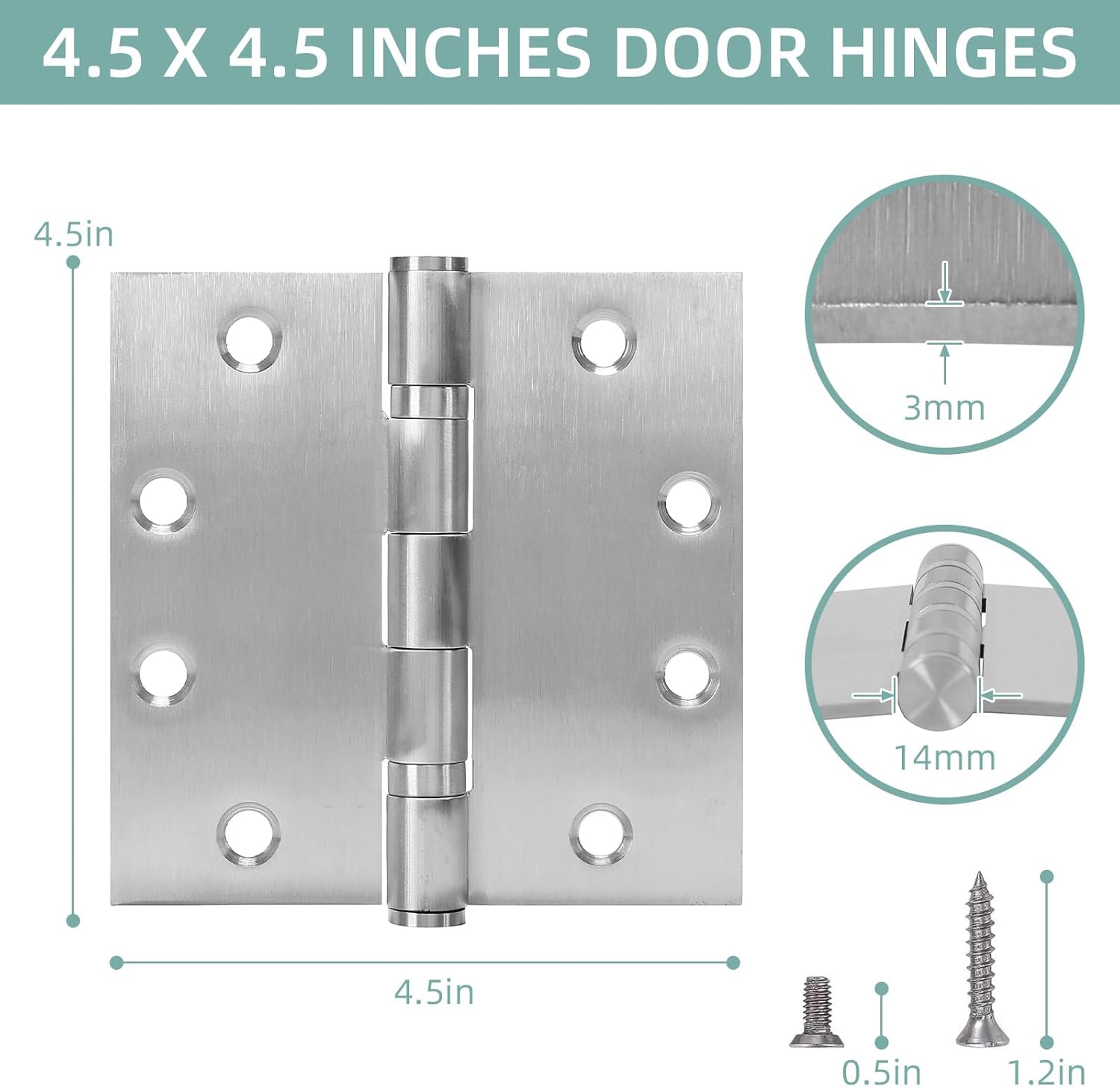 6 Pack 4.5 x 4.5 Inches Door Hinges, Heavy Duty Stainless Steel Hinges Ball Bearing Door Hinges with Square Corners, Silver