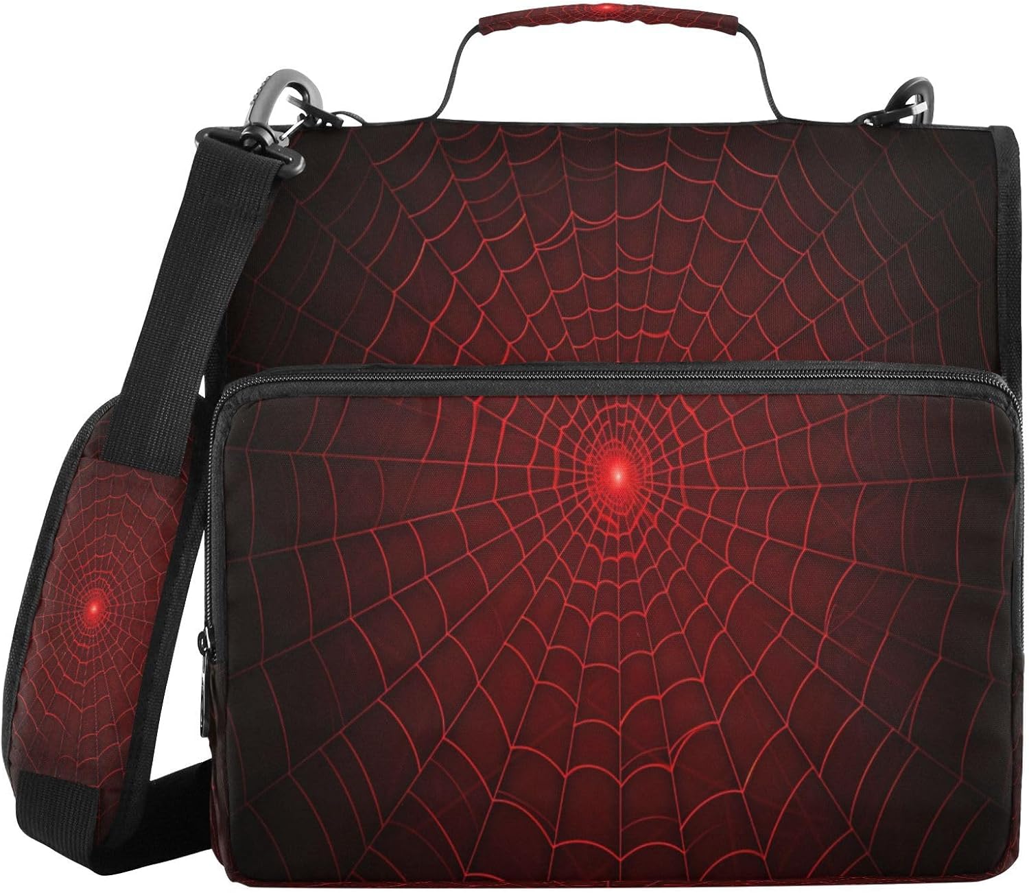 Red Spider Web Zipper Binder 3 Ring with Shoulder Strap and Handle Multiple Pockets Expanding File Folder Organizer