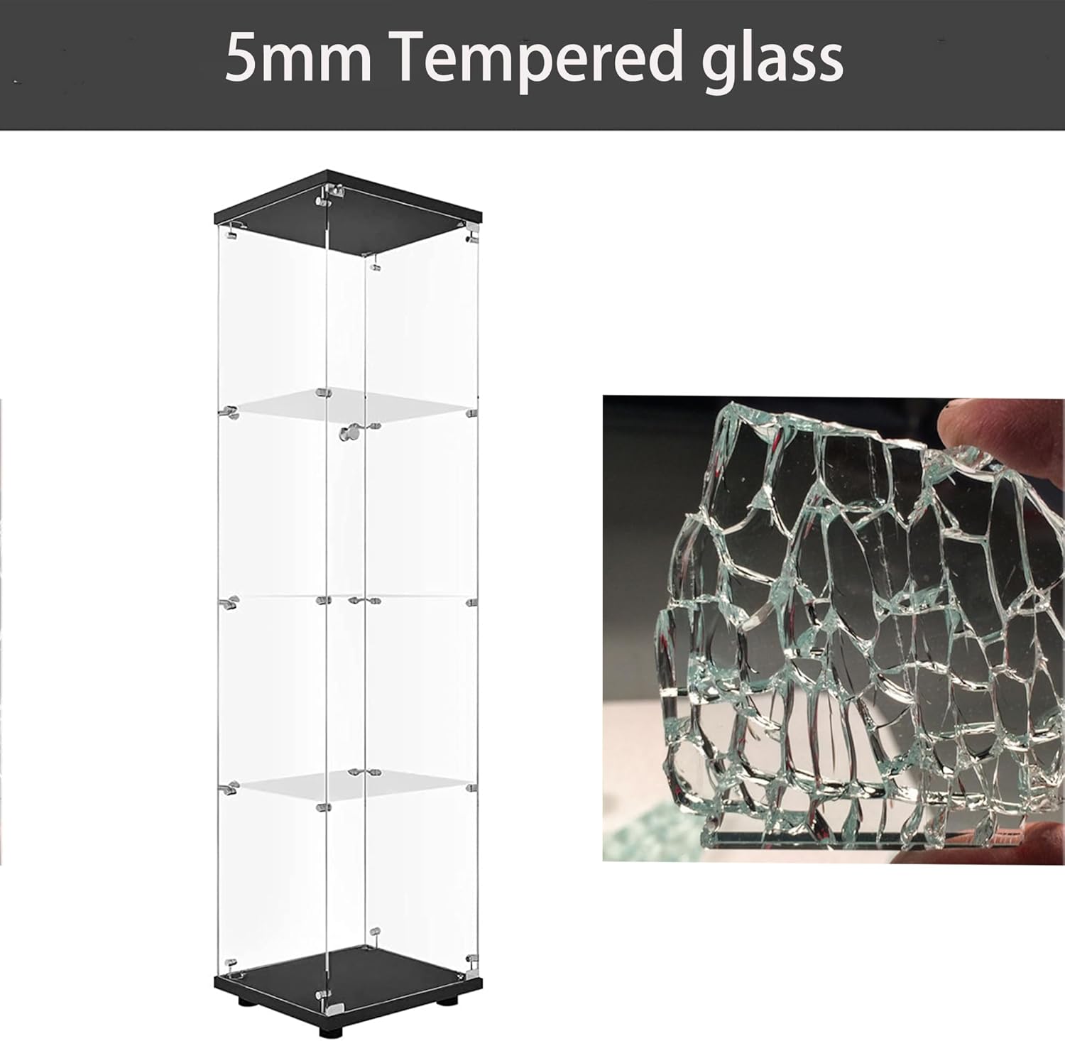 4-Tier Glass Display Cabinet with Metal Lock, 5mm Tempered Curio Cabinets Collection Display Case, Floor Standing Glass Curio Cabinet Showcase,16.7" W x 14.3" D x 64.5" H