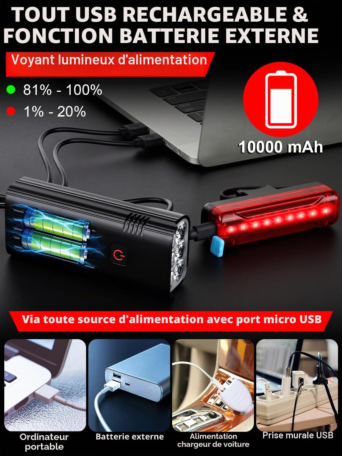 Phares de vélo avant et arrière de 9500 lumens pour conduite de nuit, 10 000 mAh rechargeable par USB, 6 LED, 5 + 5 modes, phare et feu arrière pour vélo - Durée de vie de plus de 60 heures,