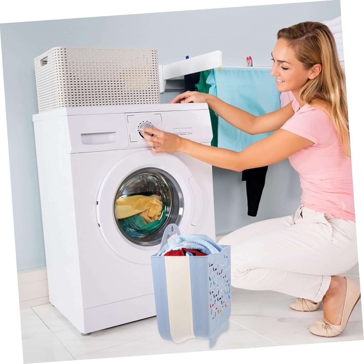 Collapsible Wall Mount Laundry Basket Dirty Clothes Hamper with Medium Capacity for Bathroom Nursery Bedroom Spaces Gray Blue