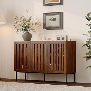 Sideboard with 3 Slatted Doors, Buffet Storage Cabinet with Adjustable Shelves, Wooden Storage Cabinet for Living Room Dining Room, Walnut Finish, 39 D x 120 W x 80 H cm