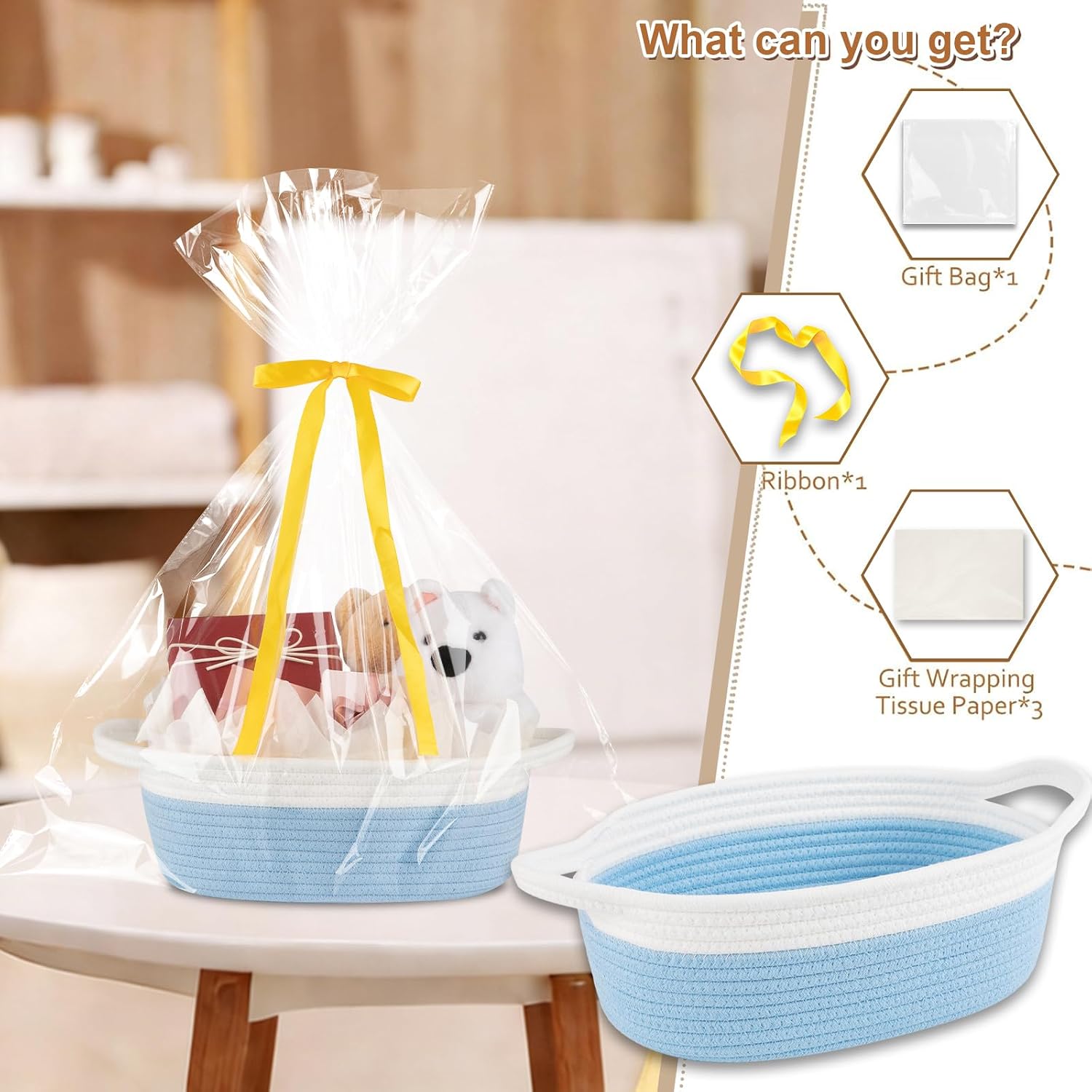 OIAHOMY Gift Basket Empty with Handle, 12"x 8"x 5" Small Woven Basket with Gift Bag, Ribbon and Wrap Tissue Paper, Dog Toy Storage for Organizing - Sky Blue & White image 2