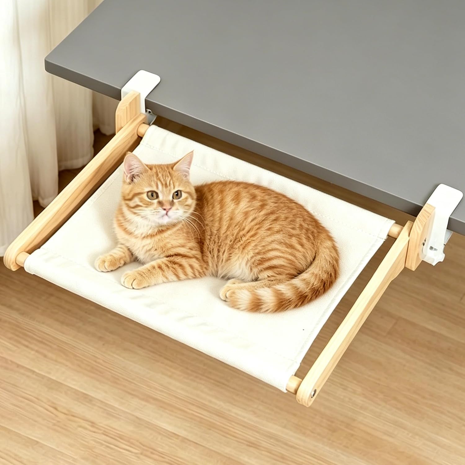 Cat Desk Bed, Wood Cat Bed for Desk with Double Hammocks and Clamps, Cat Desk Hammocks Fit for Some Wood Sofa, Chair and Window Sill