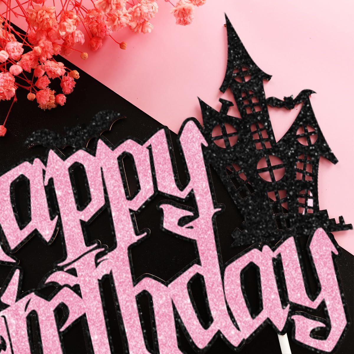 25PCs Happy Birthday Cake Topper Set Pink Black Halloween Themed Cupcake Toppers for Girl Birthday Party Decorations with Pumpkin Ghost Spider Web Decor