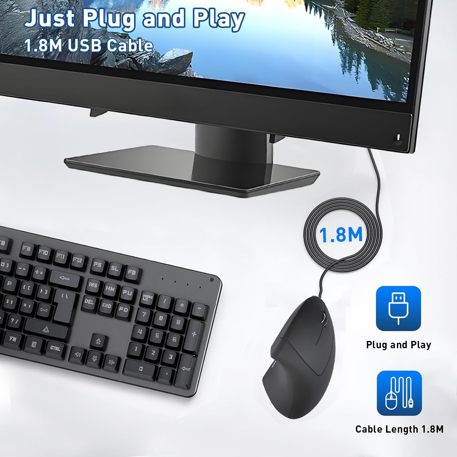 Mouse ergonomico cablato, mouse verticale cablato USB con DPI regolabile 800/1200/1600, 6 pulsanti, mouse ergonomico per laptop/PC/desktop, nero