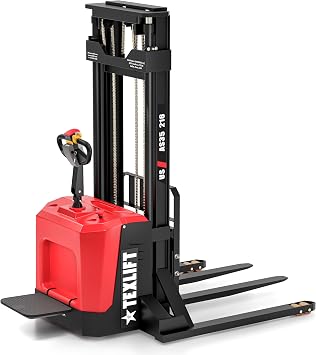 Full Electric Pallet Stacker with Stand 3300 lbs Capacity, 216 Lift Height, Adjustable Forks, Fixed Straddle Legs, Walkie Electric Forklift for Warehouse Material Handling - US-AS35-216