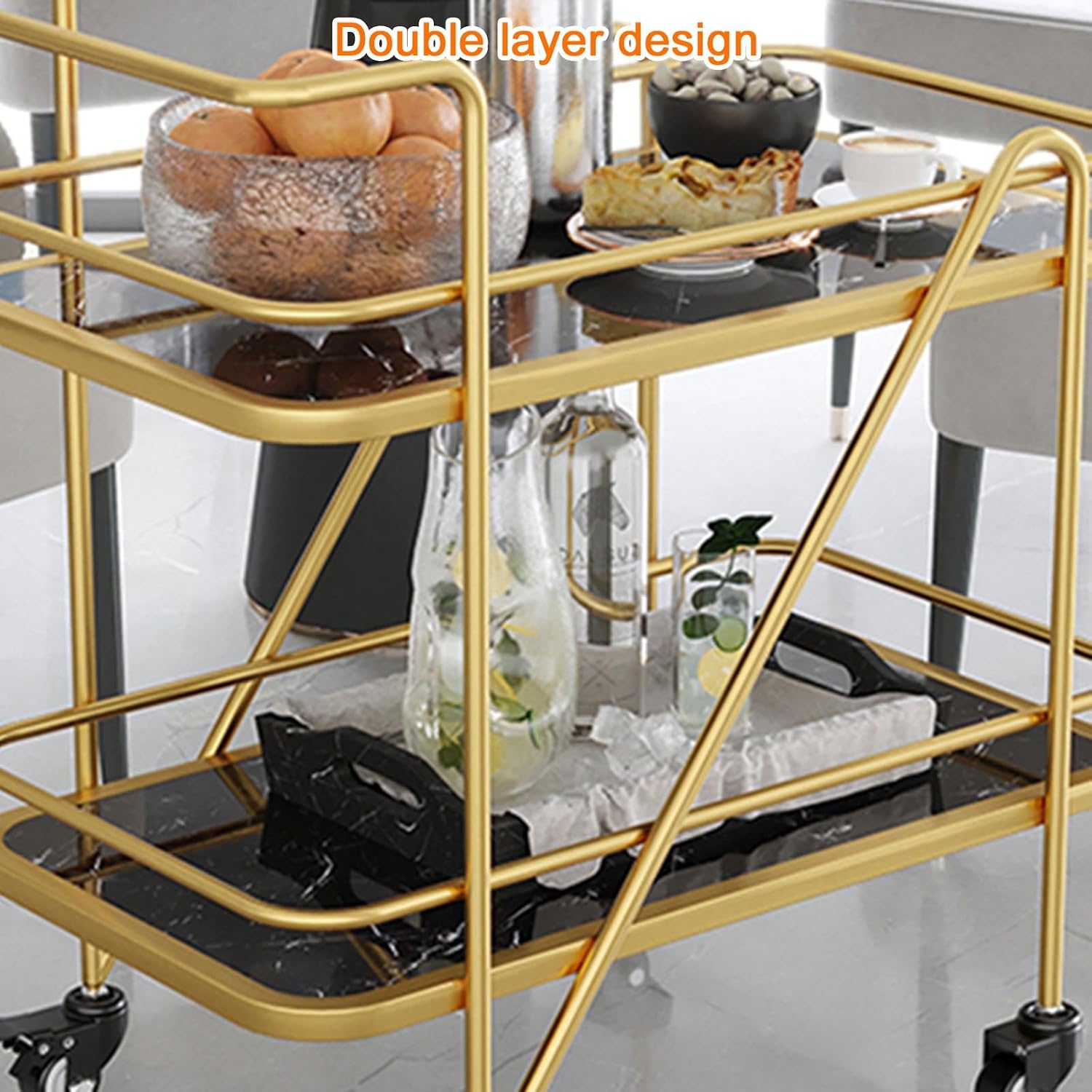 Serving Cart Rolling Kitchen Cart with Lockable Wheels Rolling Mini Liquor Bar for Wine Beverage Dinner Party Home Serving Bar Carts On Wheels for Kitchen,Black+white-80 * 45 * 76cm