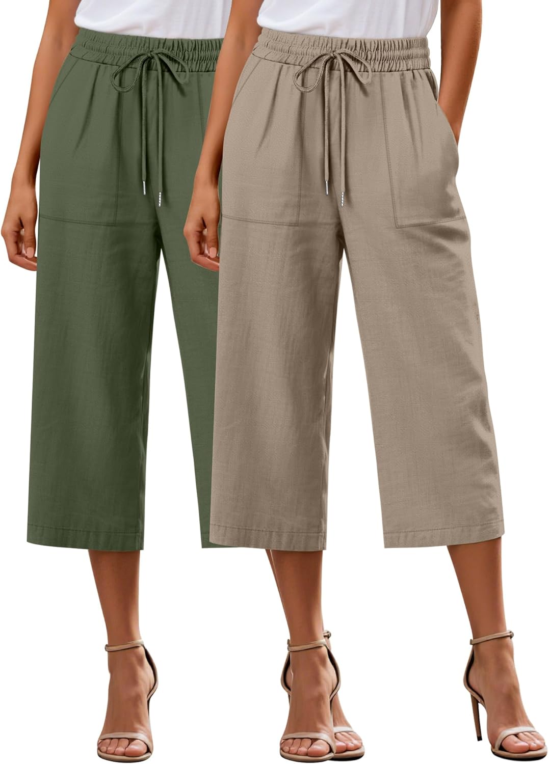 Riyiper 2 Pcs Women's Cotton Linen Blend Wide Leg Capri Pants, Drawstring Casual Cropped Trousers Loose Pants with Pockets