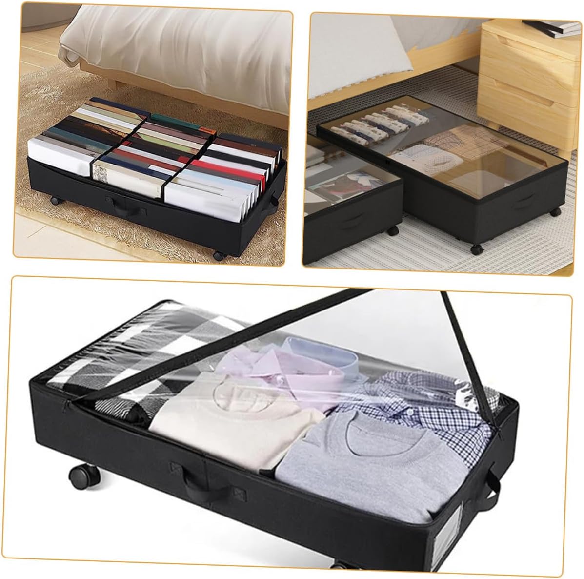 Bed Storage Box with Wheels 3-compartment Large Capacity Oxford Cloth Zippered Clothes Organizer Dustproof Rolling Storage Case for Bedroom Clothing