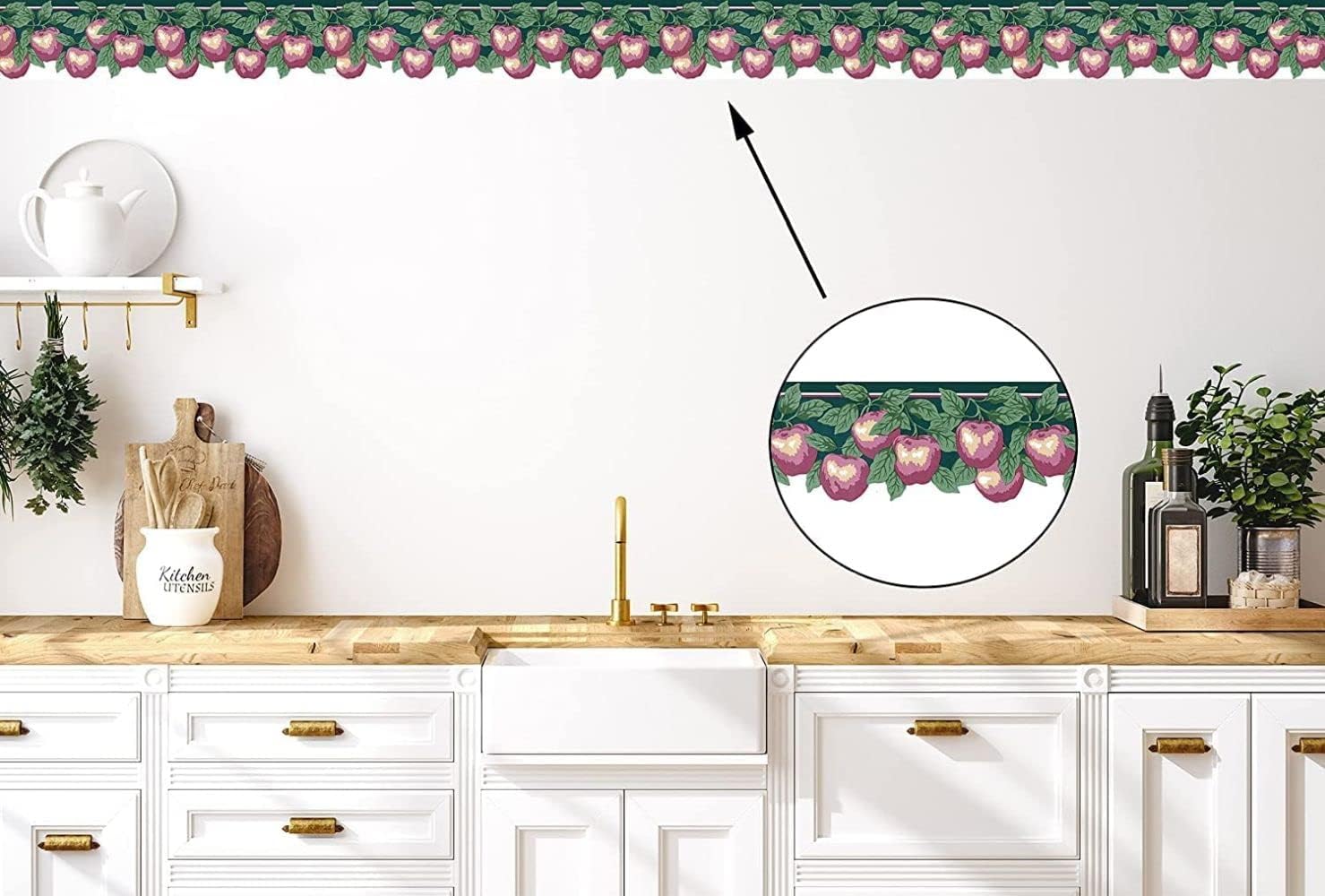 CONCORD WALLCOVERINGS ™ Decorative Wallpaper Border Fruit Pattern Cherry Apples, One Side Laser Cut for Kitchen Dining Area, Green White Pink, 5 Inch by 15 Feet 147908