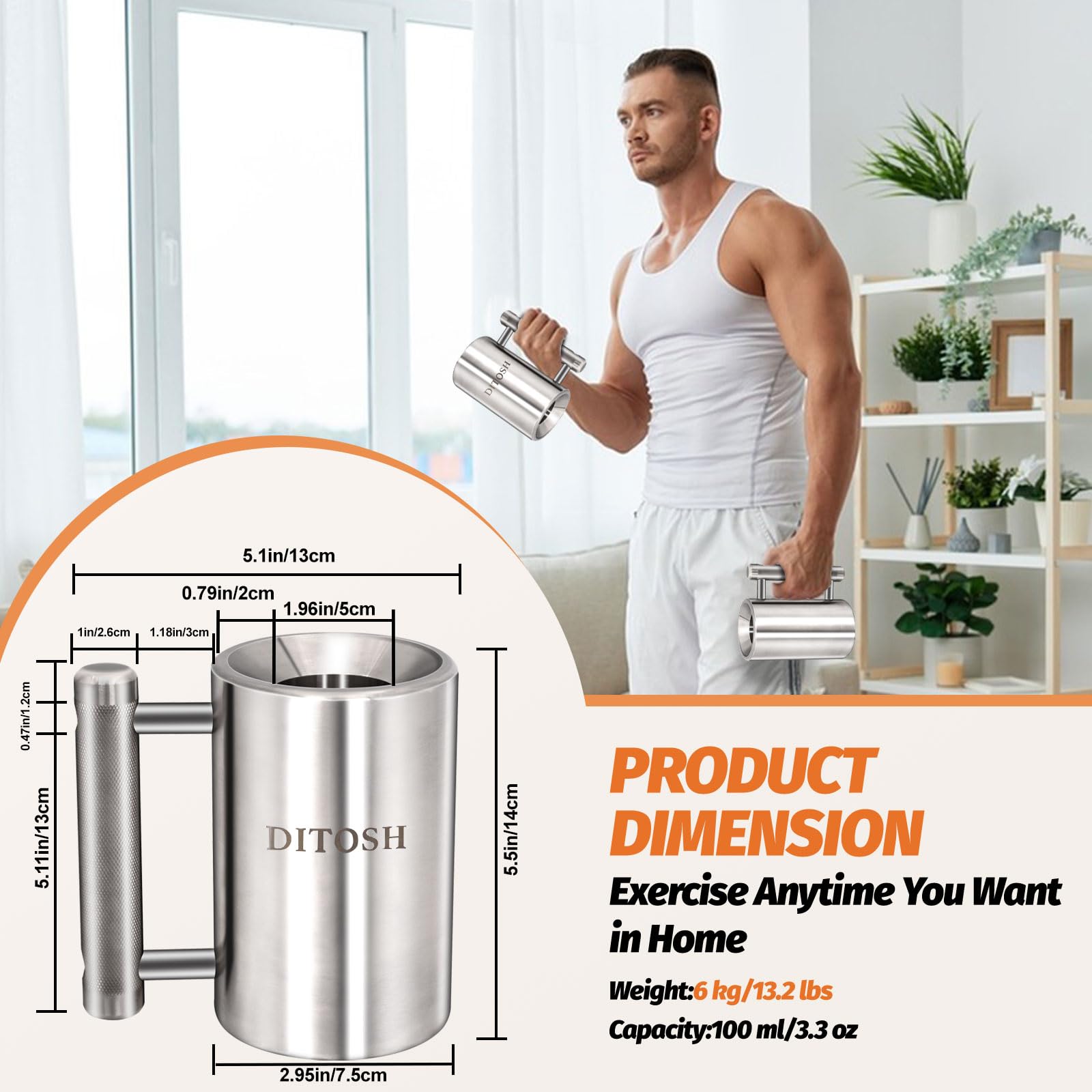 6kg 13.2lb Heavy Coffee Mug Challenge 304 Edelstahl Hantel Tassen Silber Übergewicht Sport Wassertasse für Fitness Training Arm Streich Prank Geschenk Home Gym Workout Equipment 100ml 3.4oz