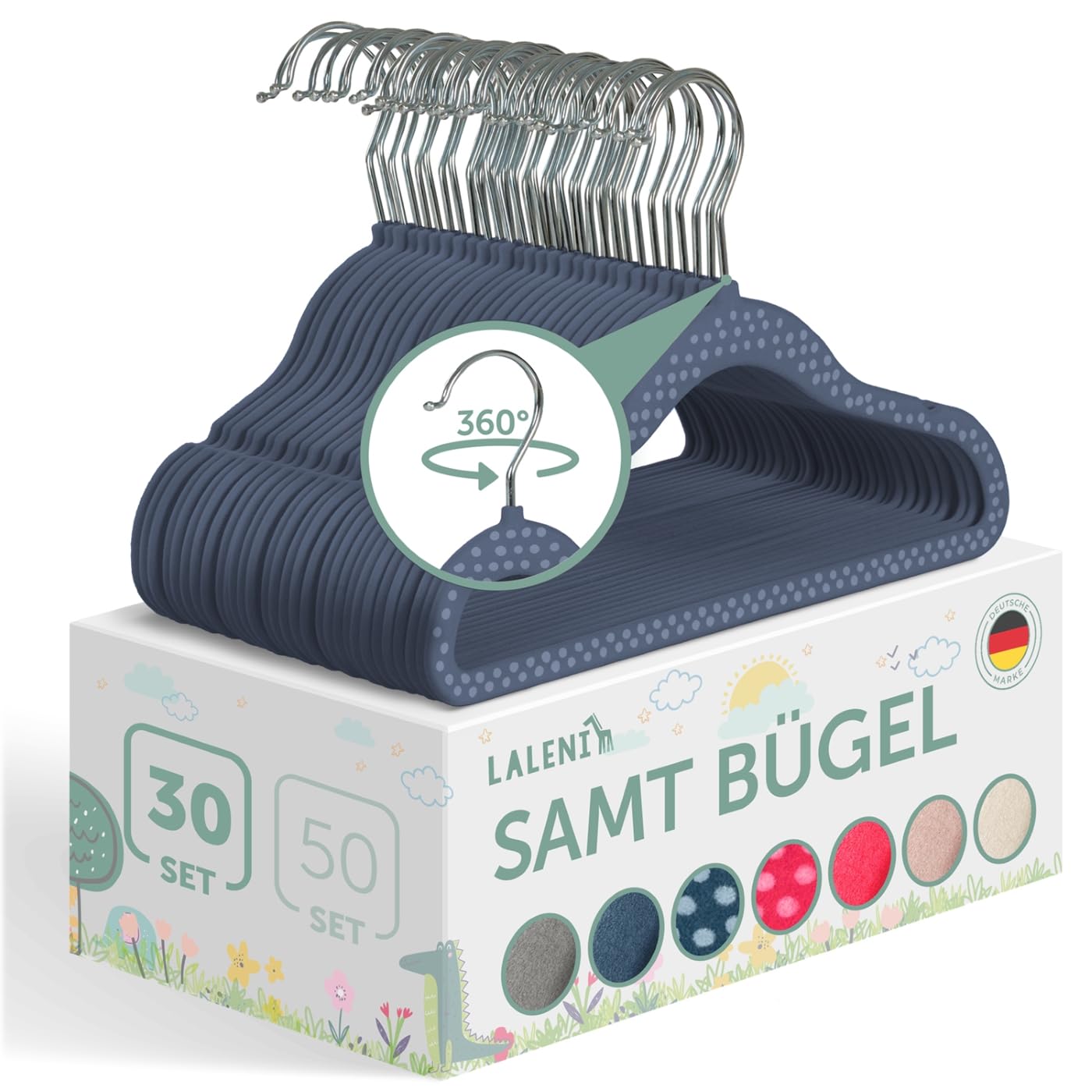 Blumtal Kinderkleiderbügel 30 Stück mit Samtbezug - 360° drehbare Kinder Kleiderbügel - platzsparend und robust - Baby Kleiderbügel rutschfest - Dunkelblau gepunktet