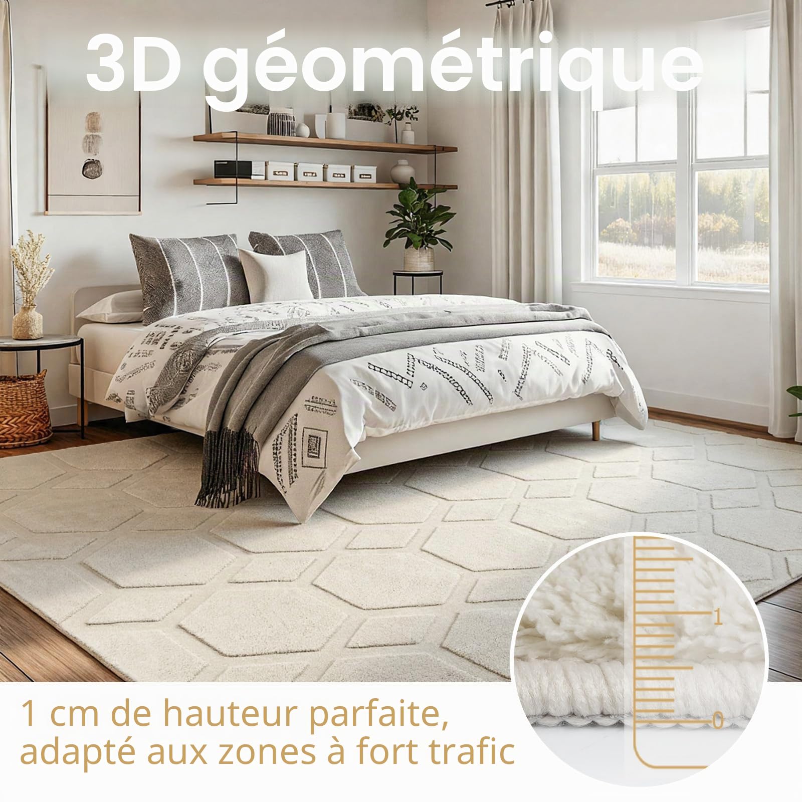 Homcomodar Grand Beige Tapis Salon 200x300cm Lavable en Machine Moderne Chambre Tapis Antidérapant Doux 3D Effet Moquette de Chambre Salon Salle a Manger