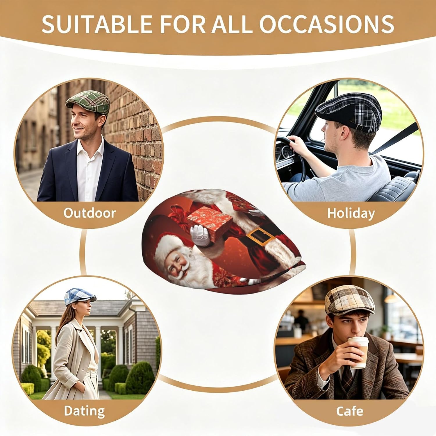 Christmas Decor Lovely Santa Claus Holding Present Newsboy Cap for Men Women Classic Flat Cap Black