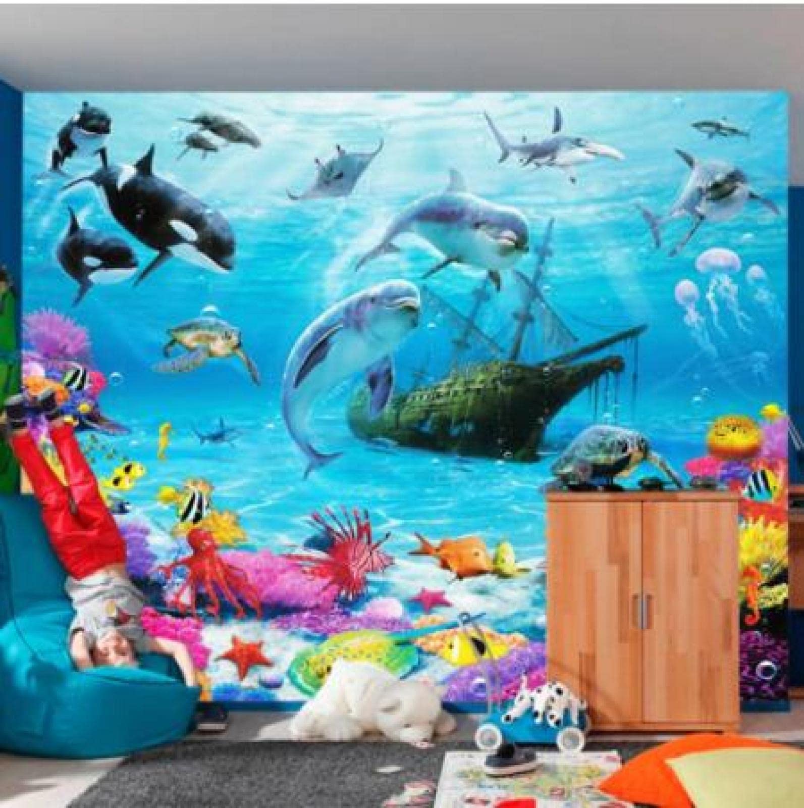 Tapeta ścienna podwodny świat i delfiny szer. 200 x wys. 175 cm mural ścienny 3D tapeta naklejki do salonu sypialni niesamoprzylepne