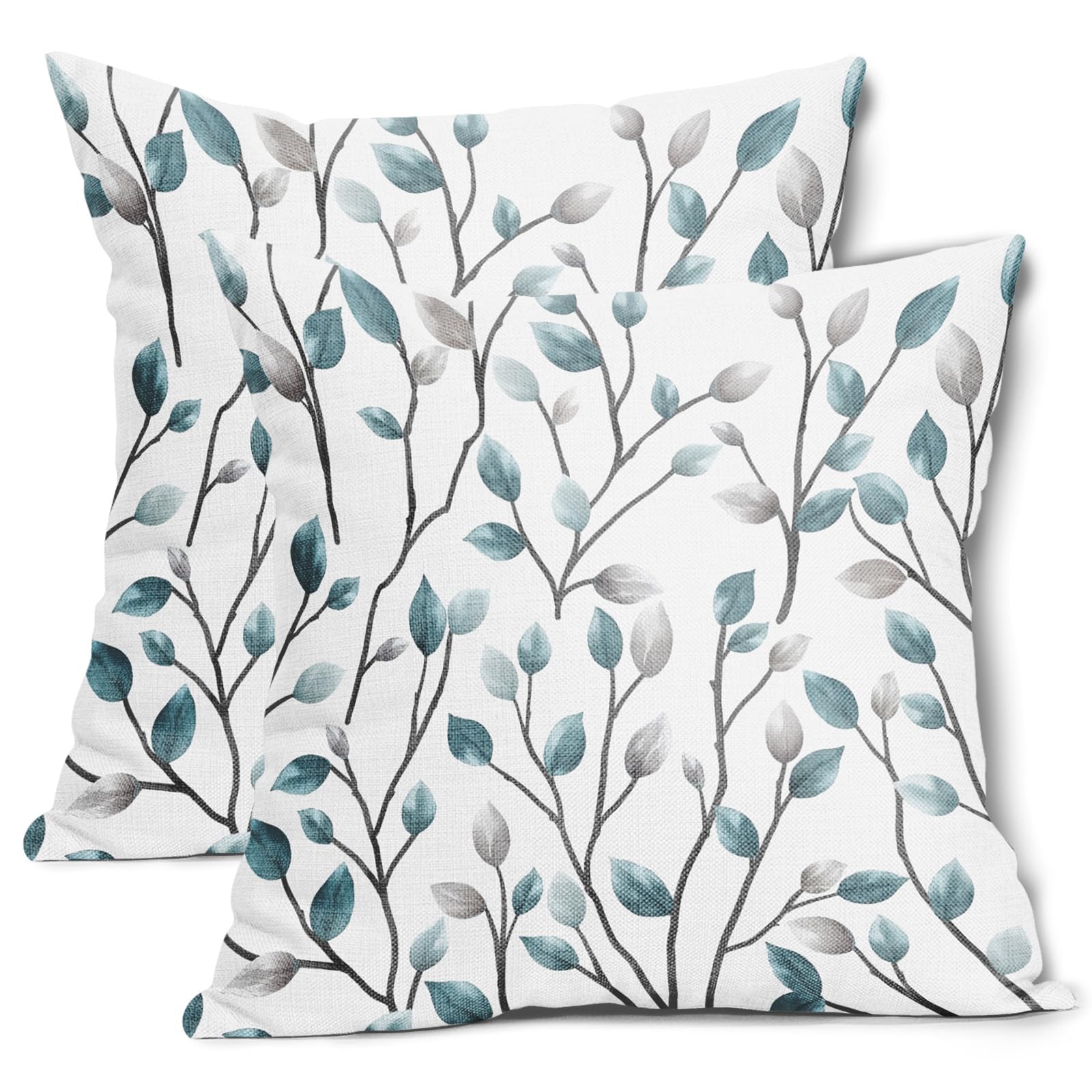 AmplePisce Classical Jacquard Teal Leaf Pattern Pillow Covers 16x16 Inch Set of 2 Gray and Aqua Cotton Linen Decorative Throw Pillow Case Cushion