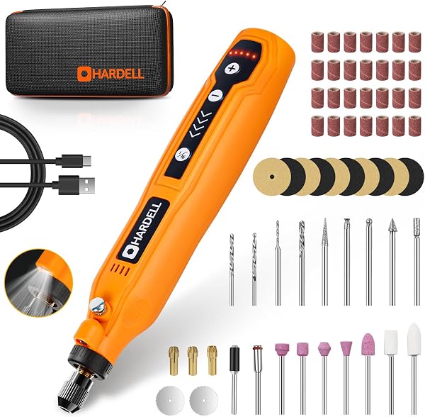 Close-up of the HARDELL Mini Cordless Rotary Tool kit, showcasing its compact design and included accessories.