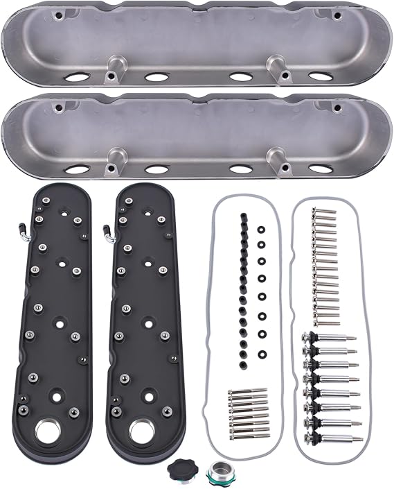 Black LS Smooth Cast Aluminum Valve Covers with Coil Mounts & Covers Replacement for Chevy Small Block SB V8 293 325 346 364 376 427 Ci