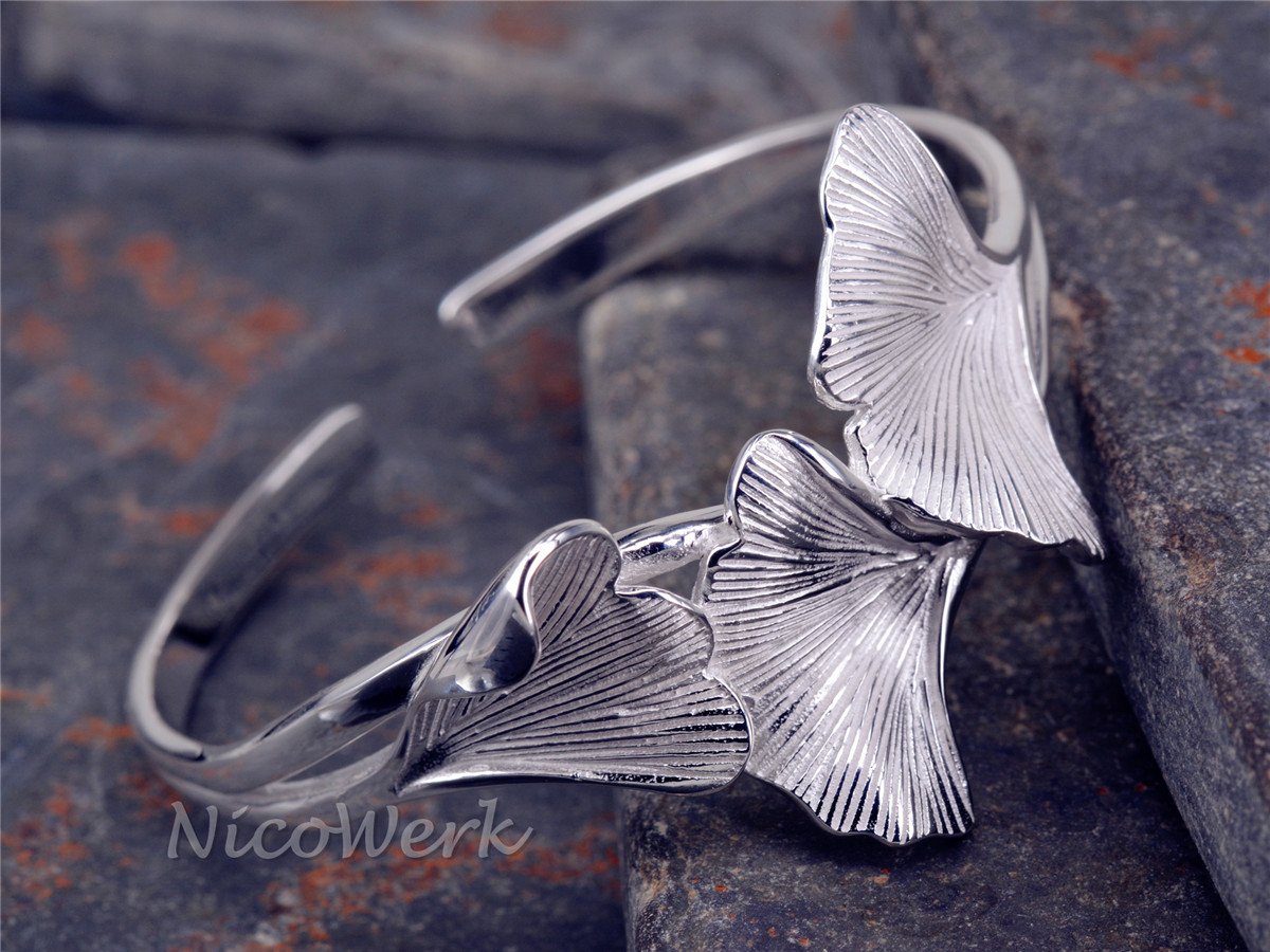 NicoWerk Silber Armreif Ginkgo-Blatt Ginko Natur Breit Matt Glatt Armspange Armband 925 Damen Schmuck Geschenk Sterling SAR117