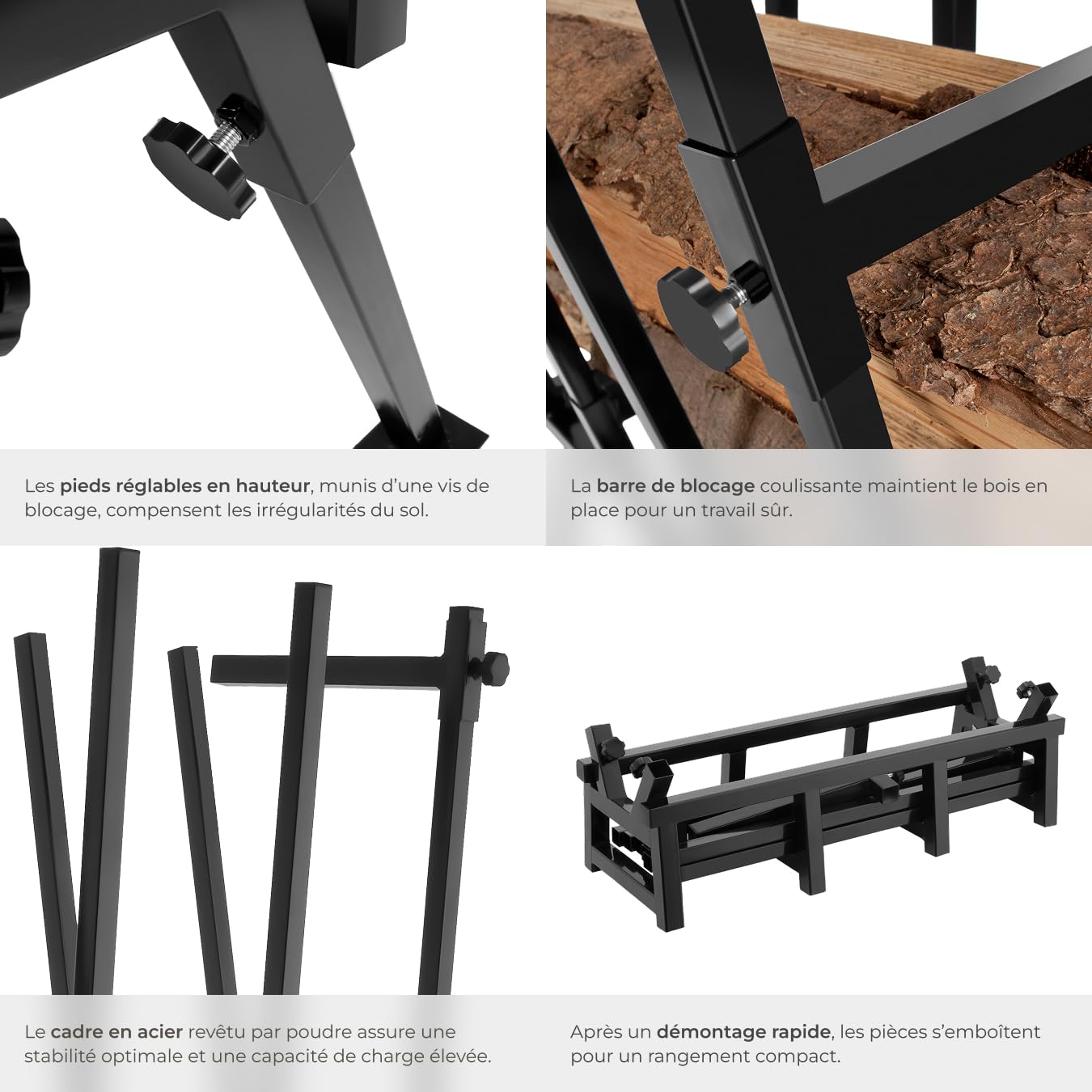 tectake® Chevalet de sciage pour Tronconneuse electrique et Scie, 76 x 53 x 102 cm, Coupe buche en acier, Chevalet coupe bois, Barre de blocage réglable, Résistant et Pliable, Capacité max. 400 kg