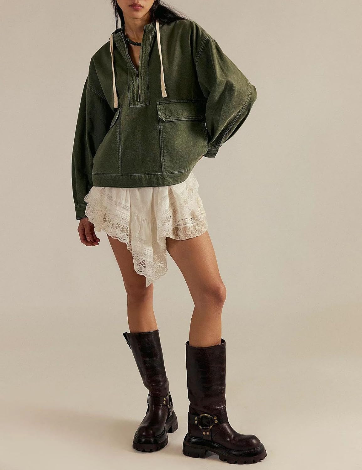 yoeasy Women's Sweatshirt Denim Hoodies Oversized Long Sleeve Half Zip Casual Jean Hooded Loose Pullover Tops with Pockets - Image 3