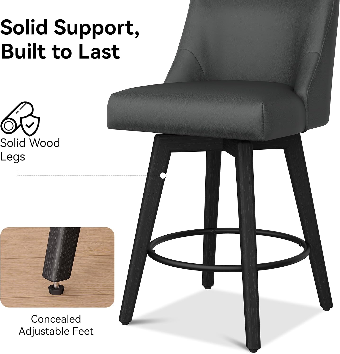 Counter Height Bar Stools, 26" H Seat Height Swivel Barstools Set of 8, Faux Leather Upholstered Modern Counter Stools with Back for Kitchen Island, Solid Wood Legs, Rustic Black